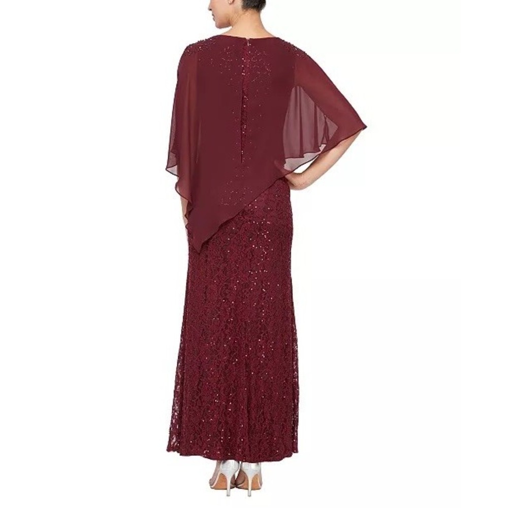 NWT SLNY Evening Gown Women Plum Sequin Lace Chiffon Cape Overlay Dress 14W $169 - Picture 2 of 16